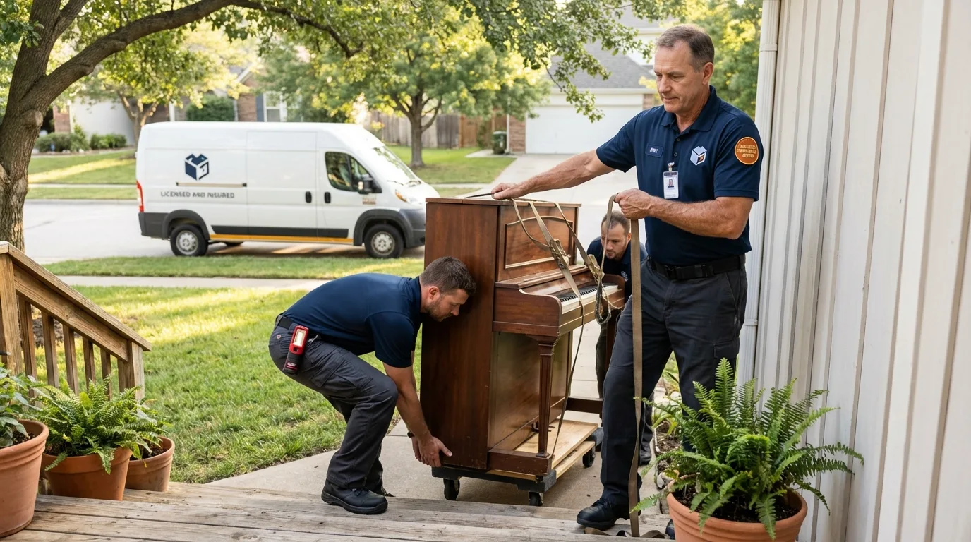 Licensed piano movers securing grand piano in Medford, OR