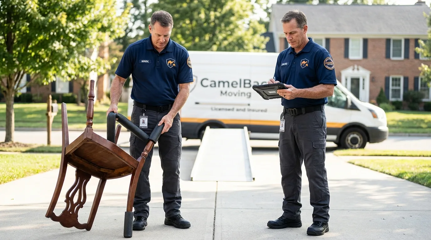 Movers inspecting furniture for damage prevention before loading in Medford, OR
